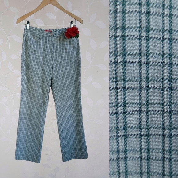 Vintage Esprit High Rise Straight Leg Preppy Academia Plaid Trouser Sage Green - Picture 1 of 16